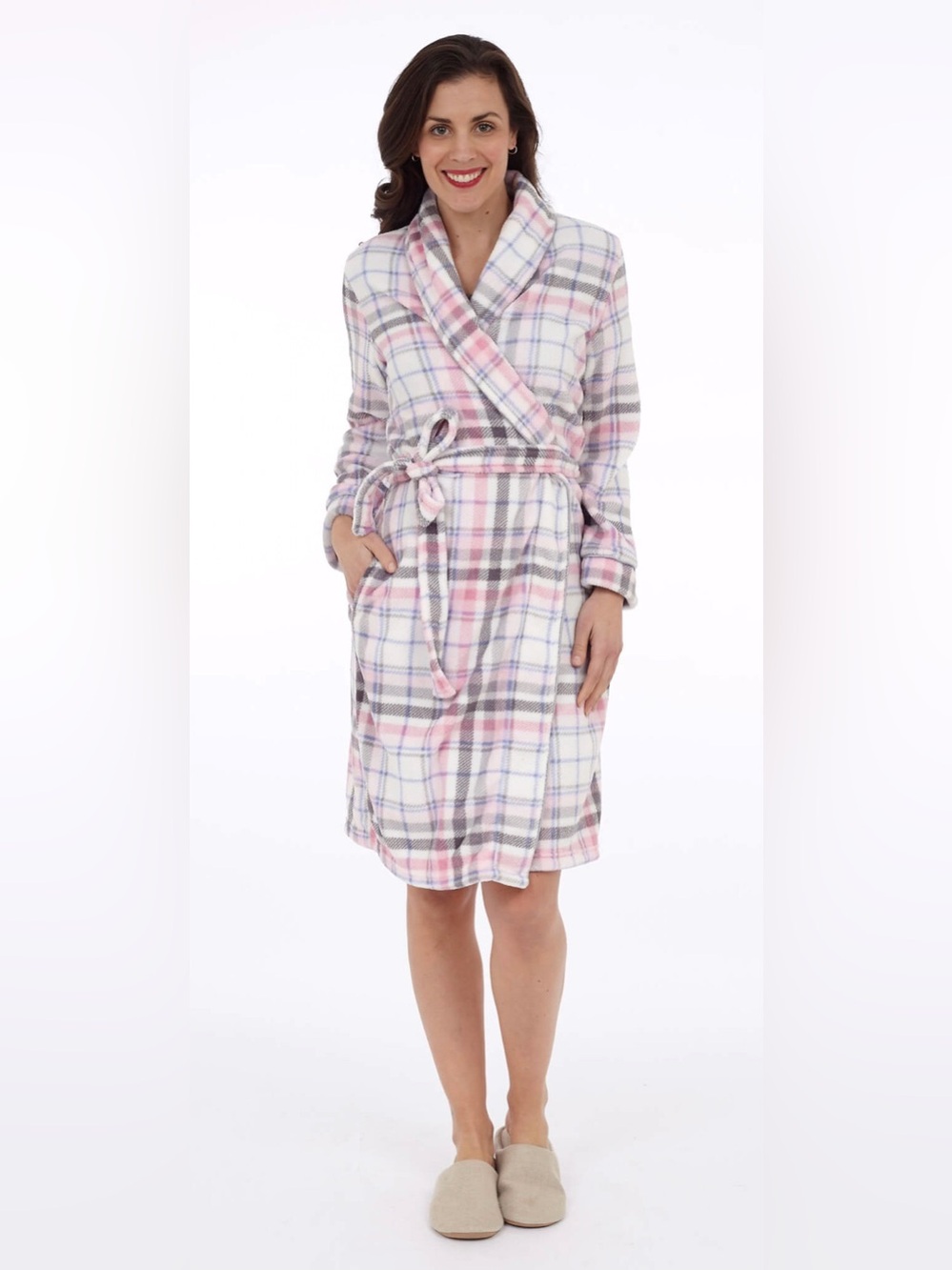 DKR Apparel Shawl Collar Fleece Robe-Pink Plaid